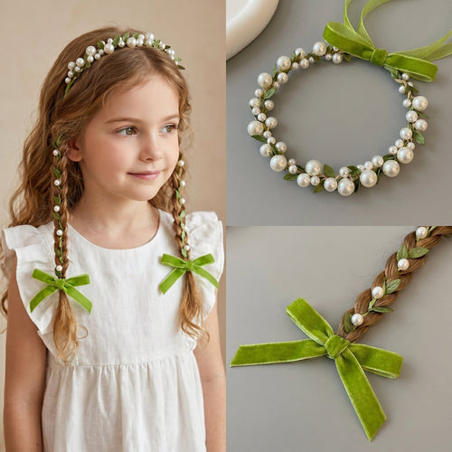 Forest Fairy Green Vine Pearl Kids Braided Headband - Image 0