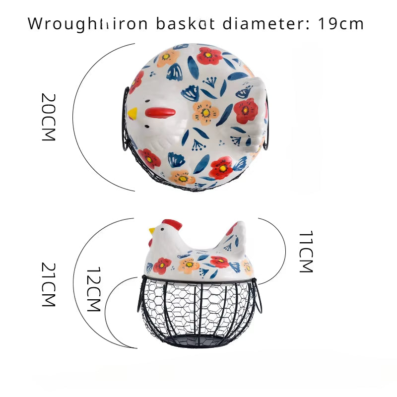 Ceramic Egg Holder Chicken with Wire Basket - Image 9