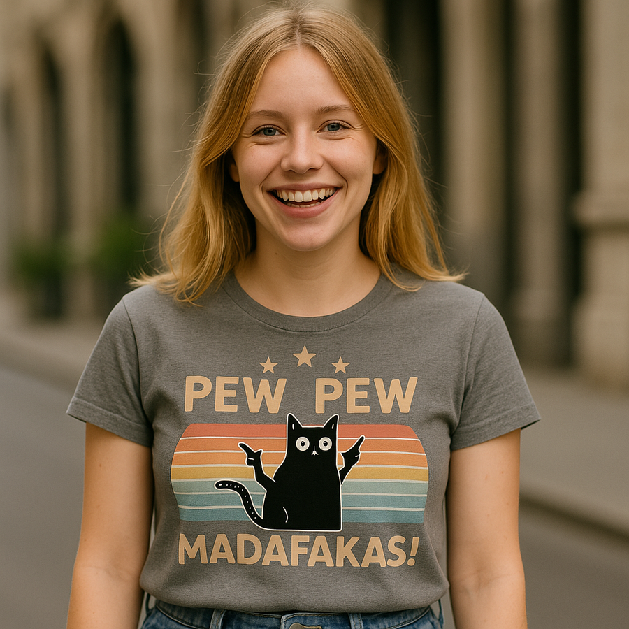 Pew Pew Funny Cat Retro T-Shirt - Image 1