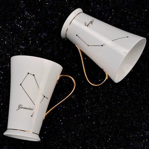 White And Gold Ceramic Coffee mugs with Zodiac Signs - Image 0
