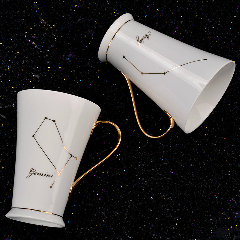 White And Gold Ceramic Coffee mugs with Zodiac Signs - Image 0