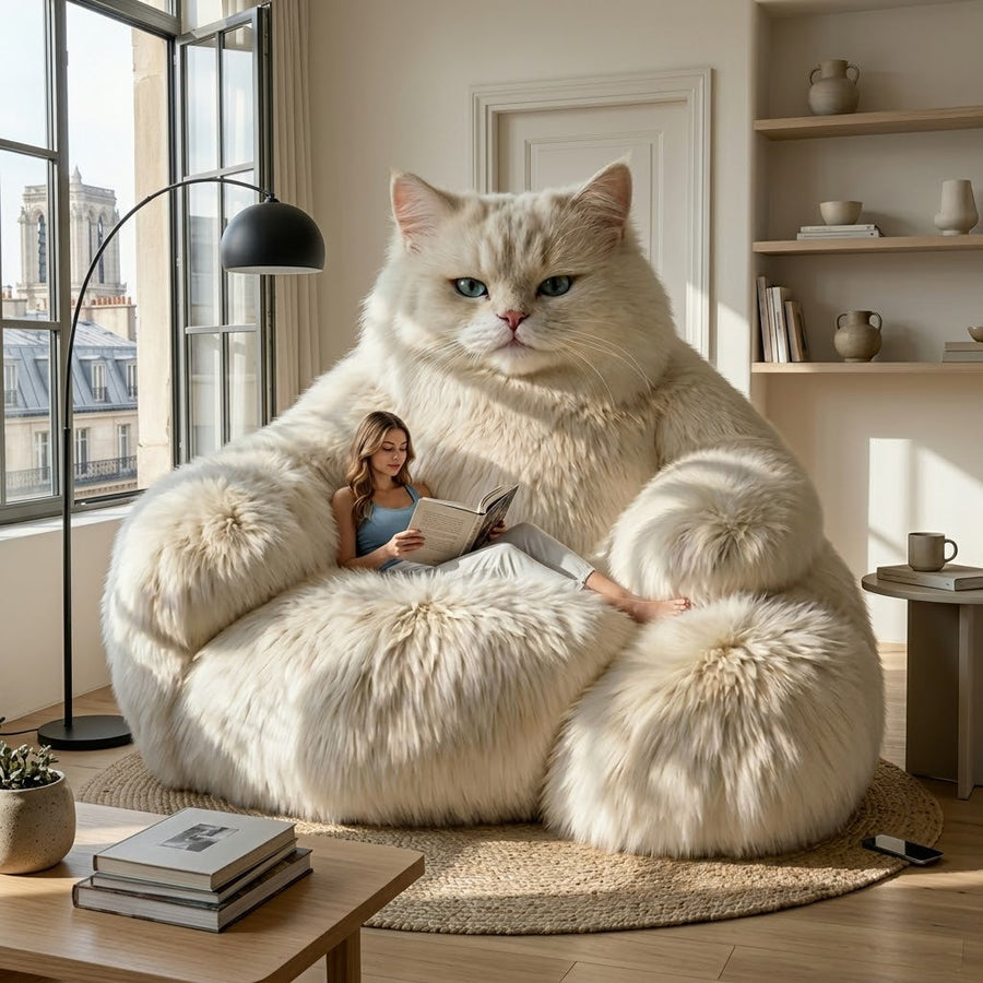 Lazy Giant White Cat Plush Lounge Sofa - Image 6