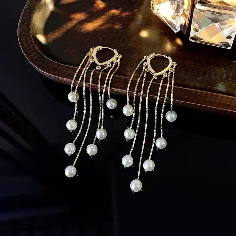 Exquisite Long Tassel Pearl Drop Earrings - Image 1