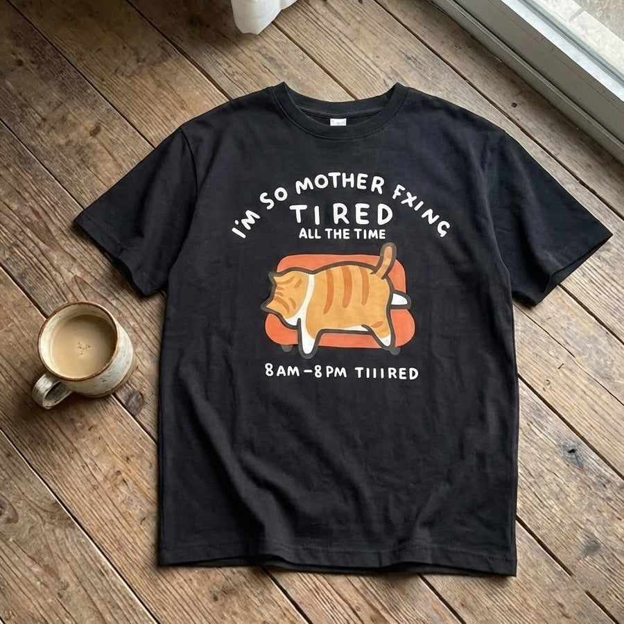 Tired Cat Humor T-Shirt - Image 3