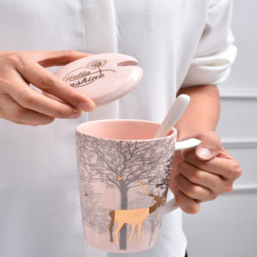 Ceramic Deer Mug With Lid And Spoon - Image 1