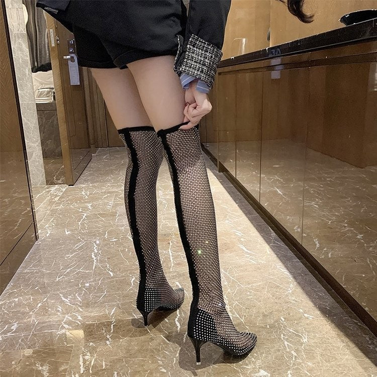Elegant Rhinestone Mesh Ankle High Heels - Image 3