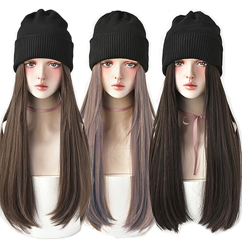 Knitted Long Hair Wig Beanie - Image 1