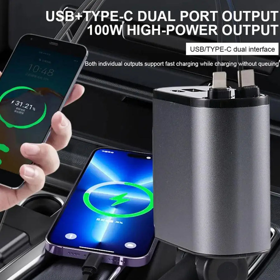 4in1 Retractable Fast Charging Car Lighter Charger - Image 1