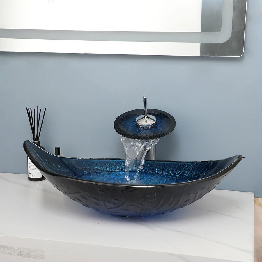 Oval Vessel Tempered Glass Waterfall Faucet Combo Sink - Image 1