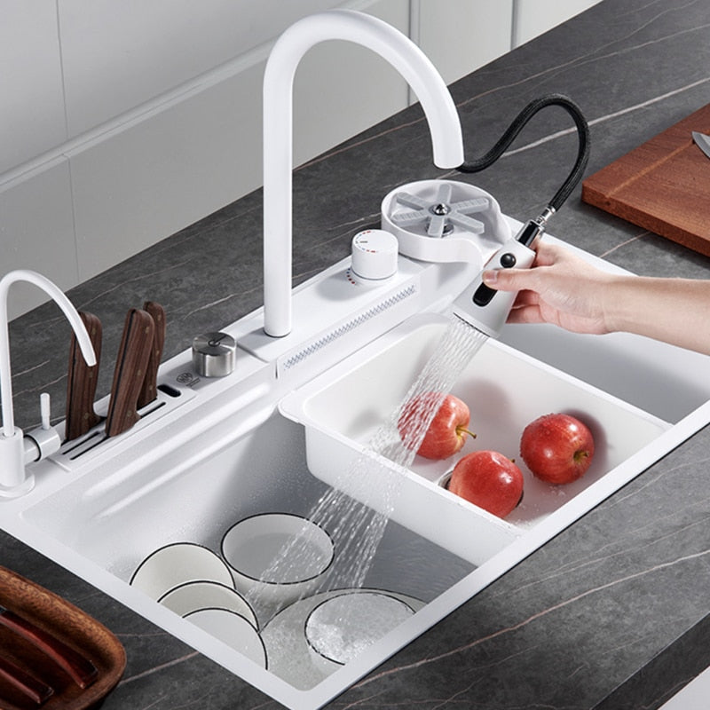 Sleek White Topmount Waterfall Stainless Steel Sink - Image 1
