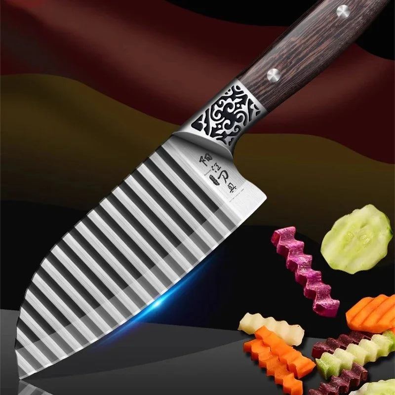 Wooden Handle Ribbed Design Kitchen Knife - Image 1
