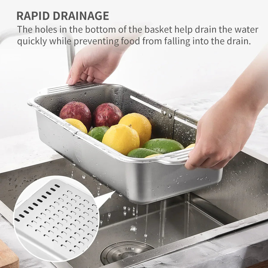 Retractable Over Sink Stainless Steel Vegetable Drain Basket - Image 1