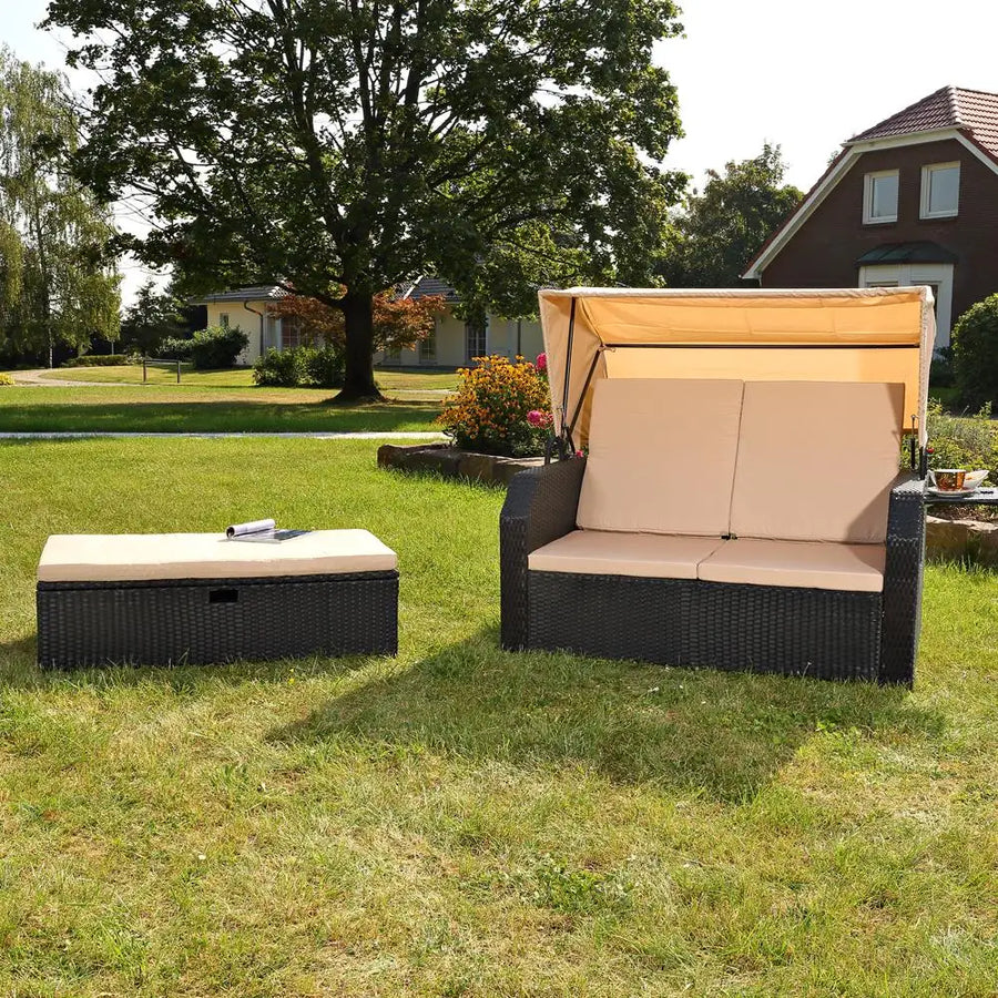 Foldable Sunshade Double Canopy Outdoor Lounge Sofa - Image 1