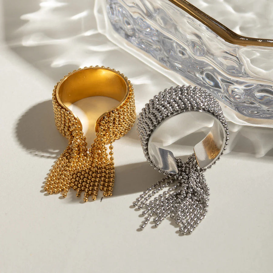 18K Gold Tassel Statement Adjustable Ring - Image 6
