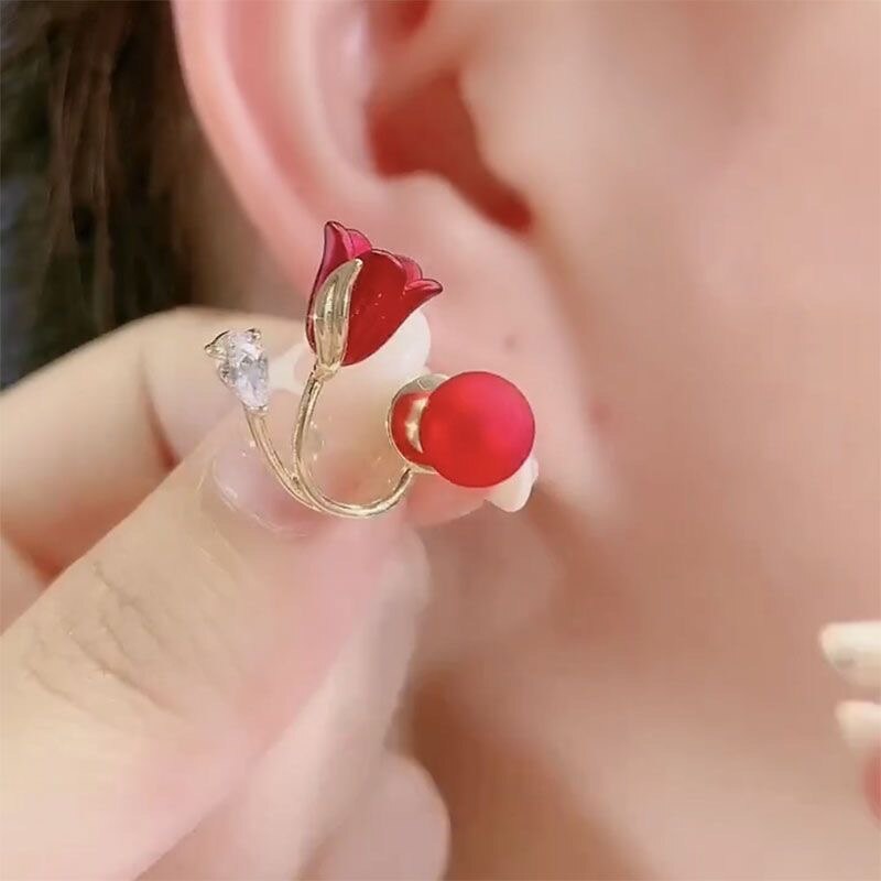 Artistic Red Flower Korean Style Zircon Earrings - Image 1