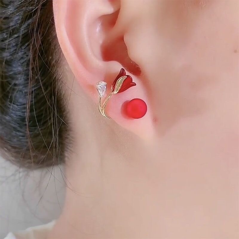 Artistic Red Flower Korean Style Zircon Earrings - Image 4