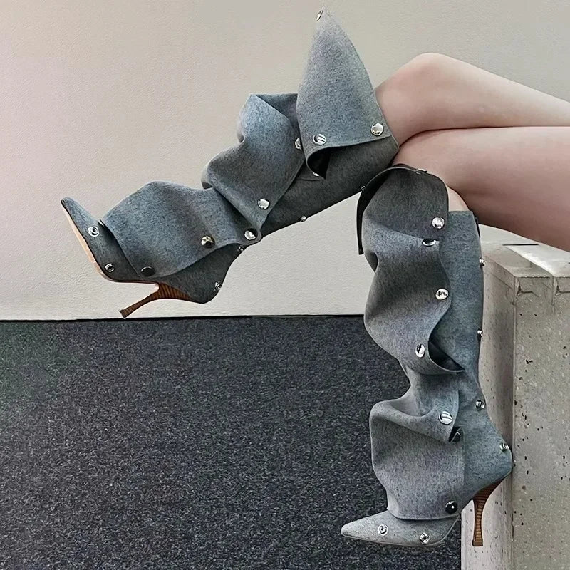 Long Denim Jean Women High Heel Boots - Image 0