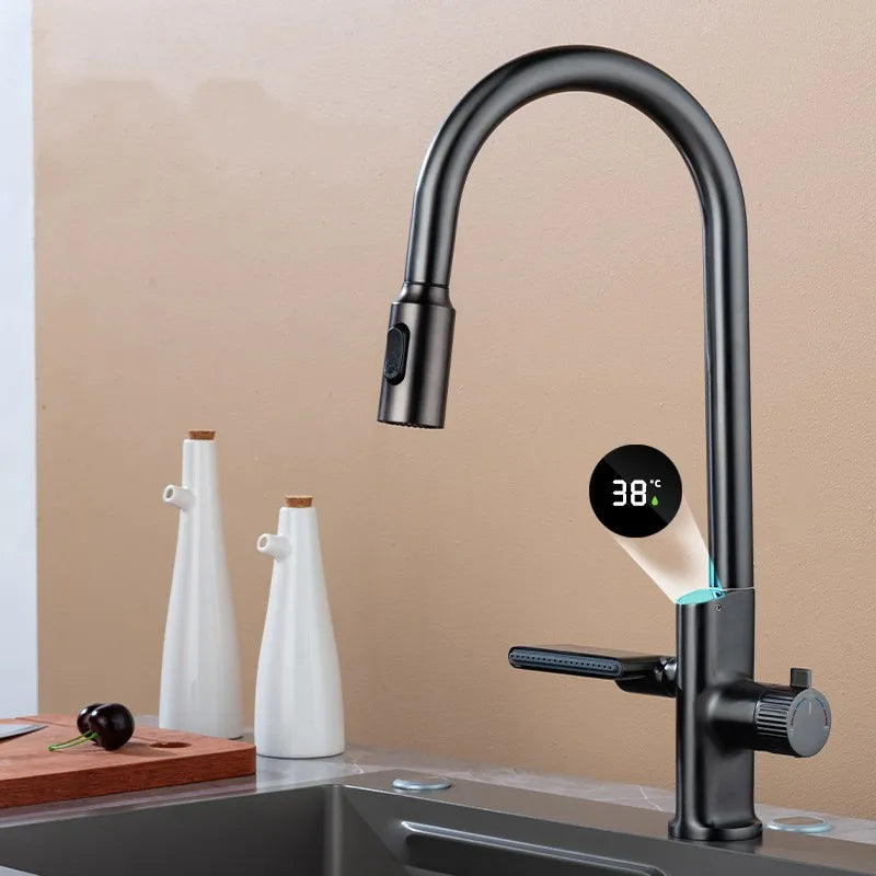Waterfall Temperature Sensor Digital Display Kitchen Pull-Out Faucet - Image 2