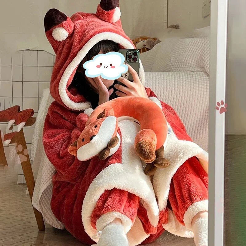 Dreamy Fox Thick Animal-Theme Hooded Blanket Pajamas - Image 2