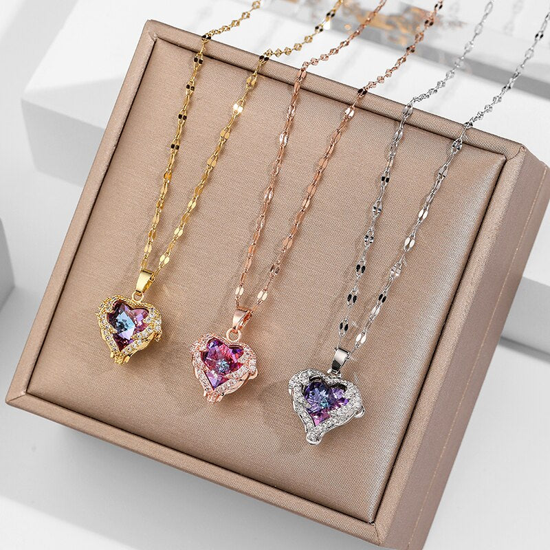 Ocean Heart Stainless Steel Zircon Necklace - Image 1
