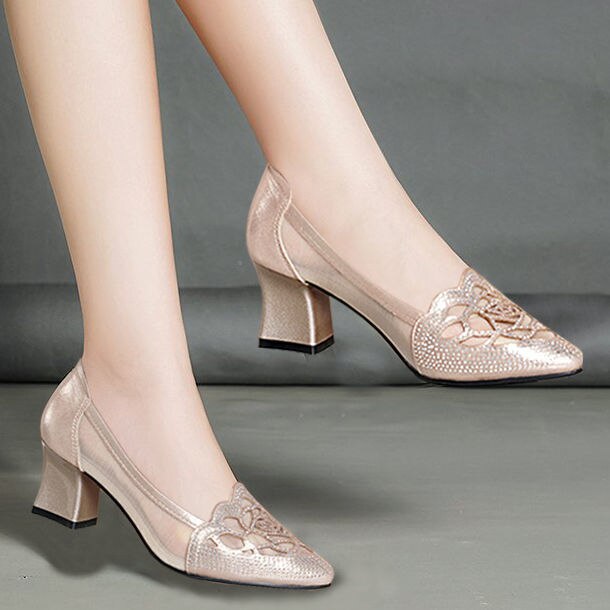 Golden Flower Breathable Mesh High Heels - Image 1