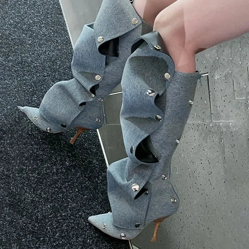 Long Denim Jean Women High Heel Boots - Image 1