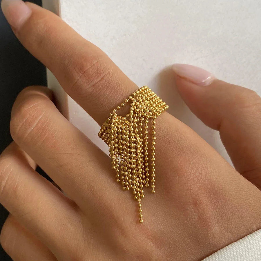 18K Gold Tassel Statement Adjustable Ring - Image 0