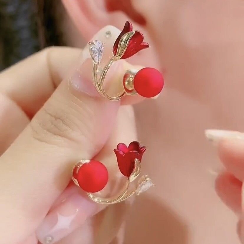 Artistic Red Flower Korean Style Zircon Earrings - Image 3