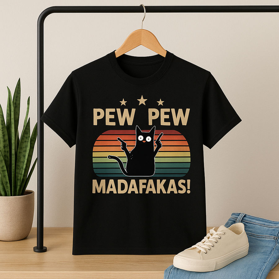 Pew Pew Funny Cat Retro T-Shirt - Image 2