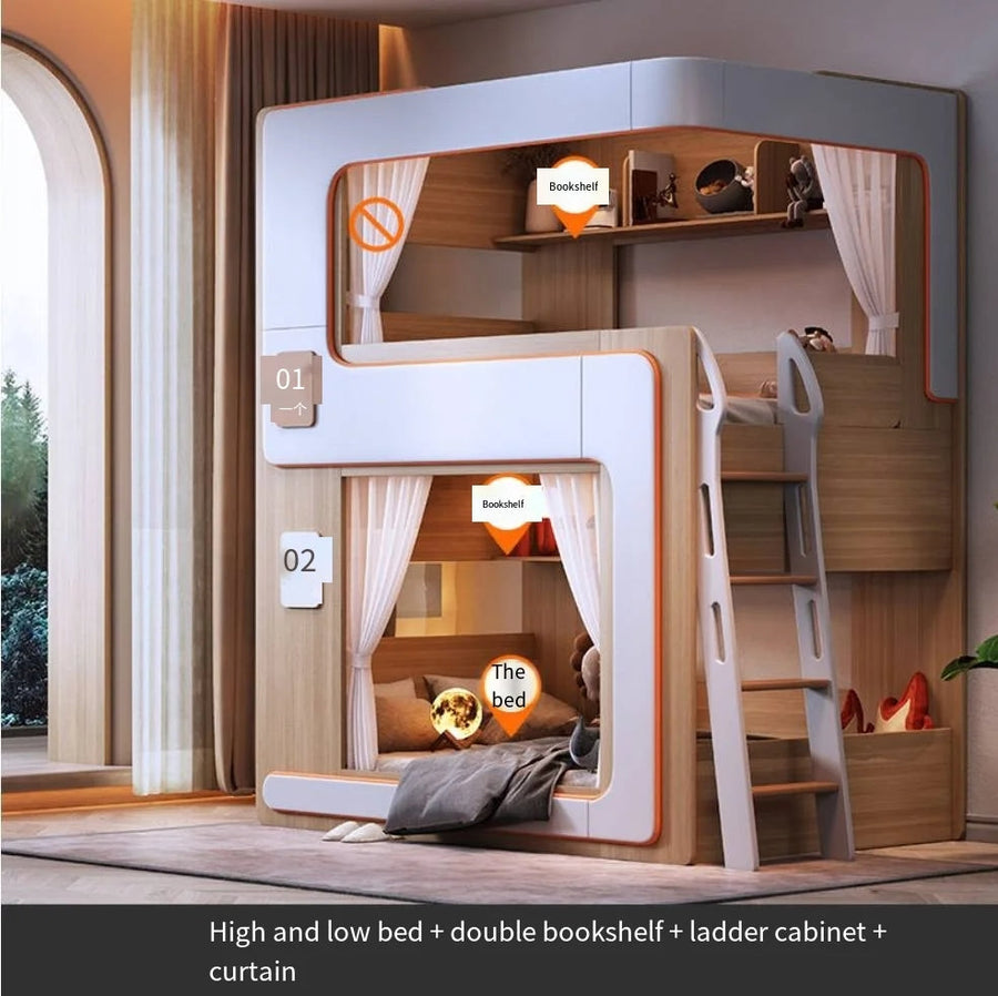 European Cute Room Modern Wooden Bunk LED Bed - Image 1