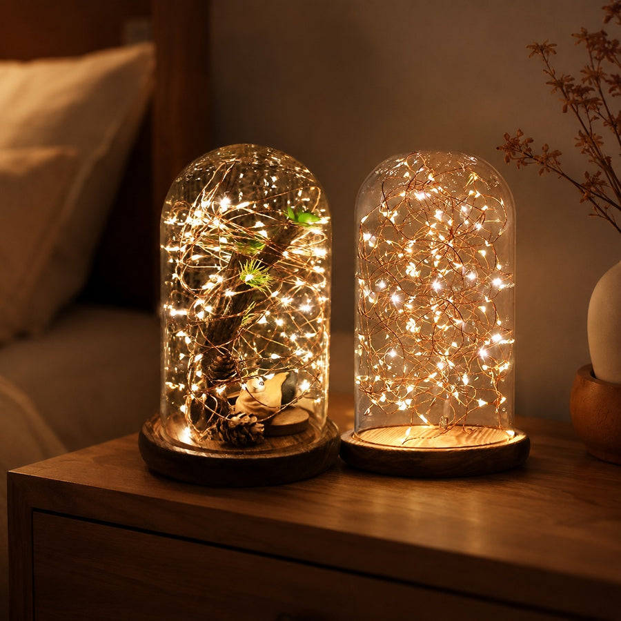 Christmas Cylinder Glass Dome Display with Wooden Base