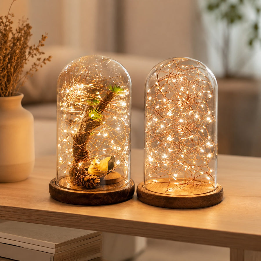 Christmas Cylinder Glass Dome Display with Wooden Base