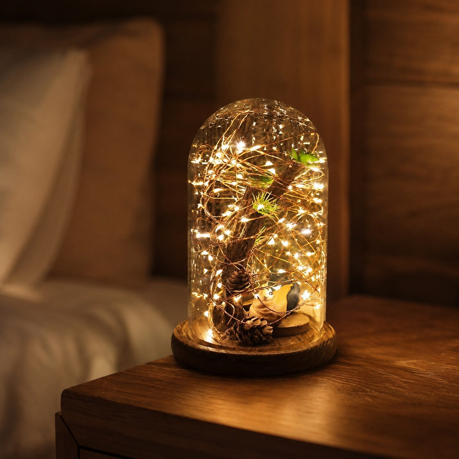 Christmas Cylinder Glass Dome Display with Wooden Base