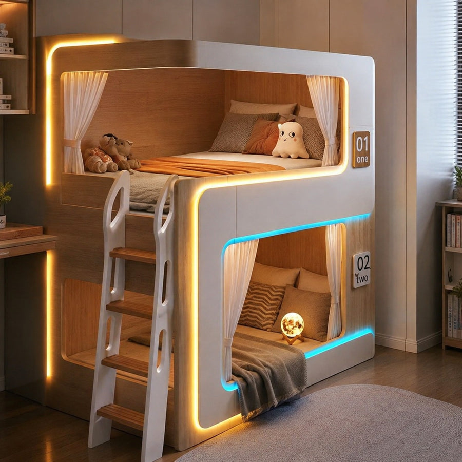 European Cute Room Modern Wooden Bunk LED Bed