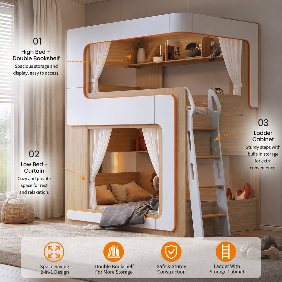 European Cute Room Modern Wooden Bunk LED Bed