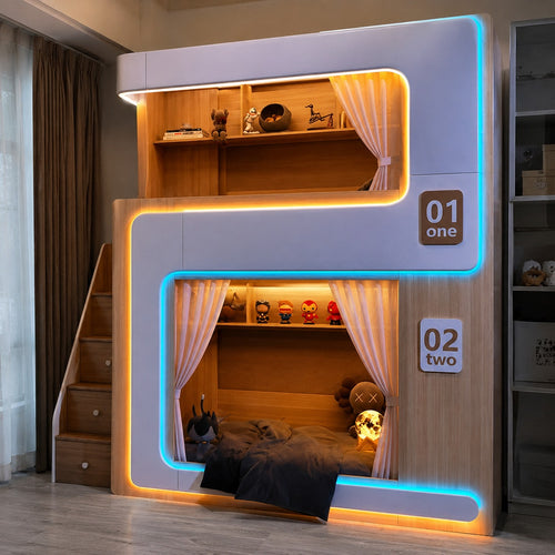 European Cute Room Modern Wooden Bunk LED Bed