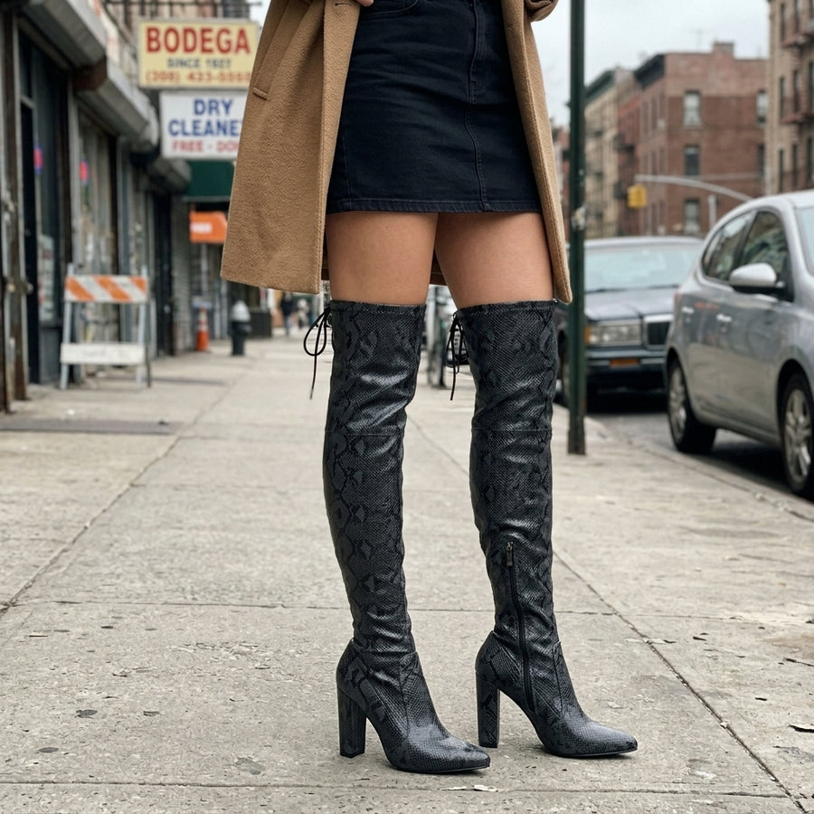 Super Thin Long Over the Knee Snake Skin Women High Heels