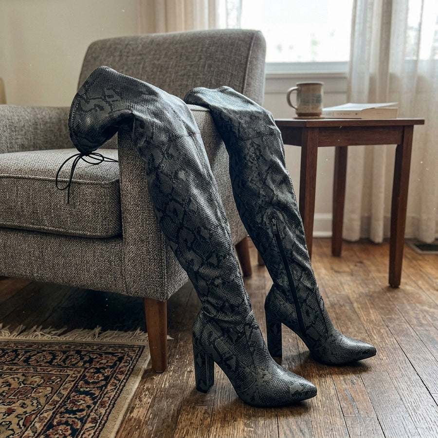 Super Thin Long Over the Knee Snake Skin Women High Heels