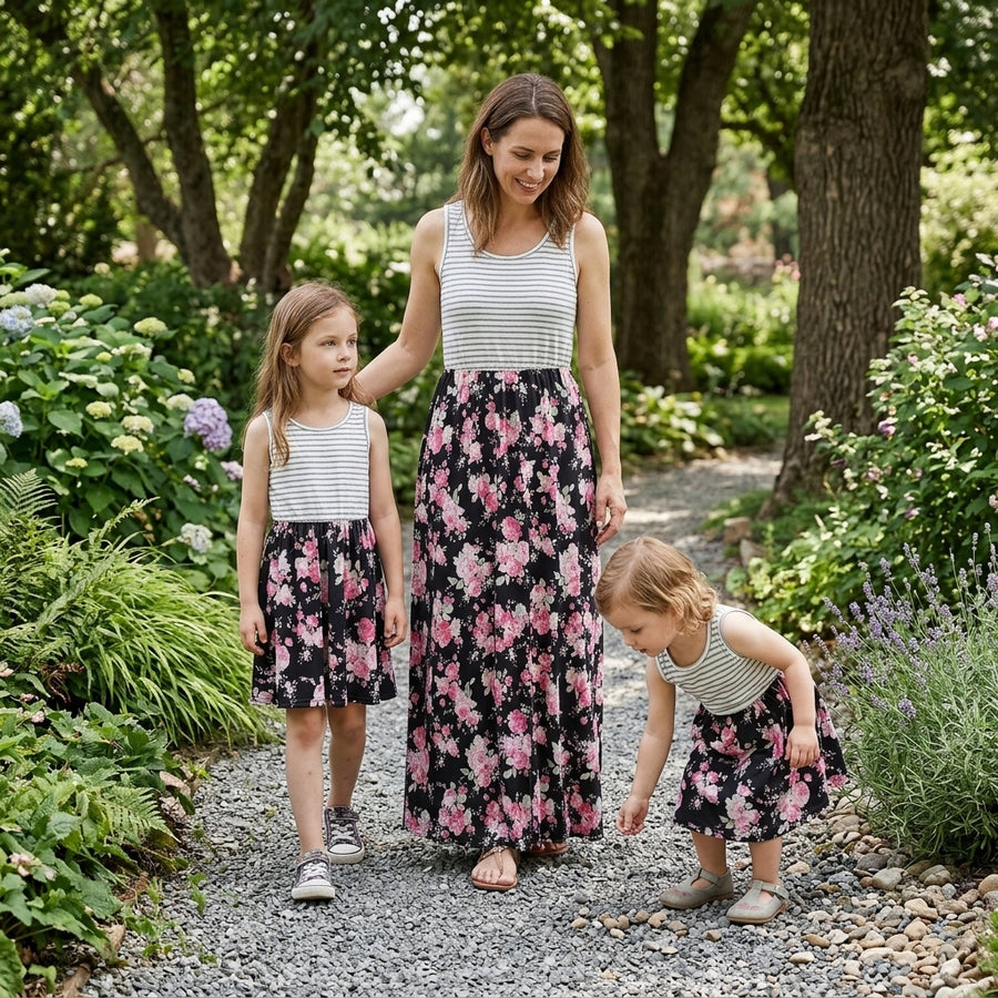 Blumen-Muster: Süßes Mutter-Tochter-Sonnenkleid im Partnerlook