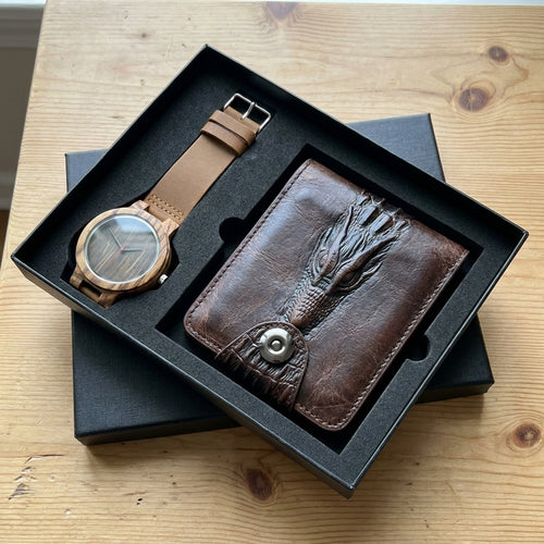 Herren-Geschenkset: Uhr aus Stahl/Leder
