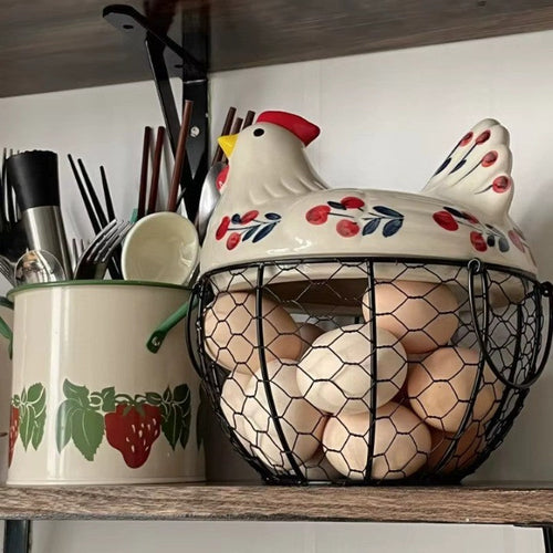 Ceramic Egg Holder Chicken with Wire Basket - Image 0
