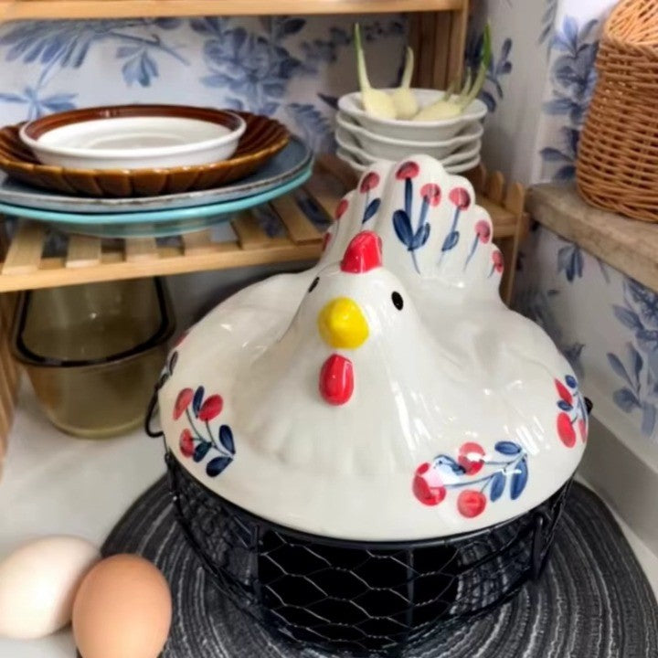Ceramic Egg Holder Chicken with Wire Basket - Image 2