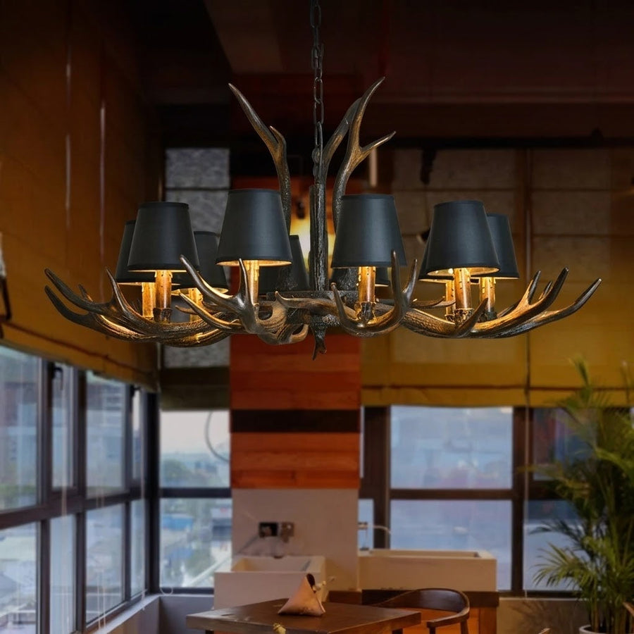 Rustic Antler Black Shade Ceiling Chandelier - Image 1
