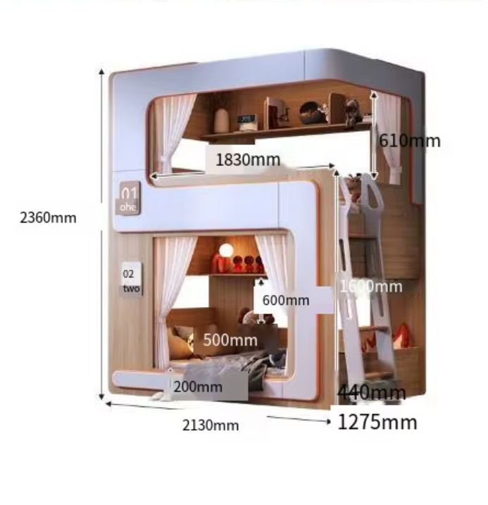 European Cute Room Modern Wooden Bunk LED Bed - Image 4