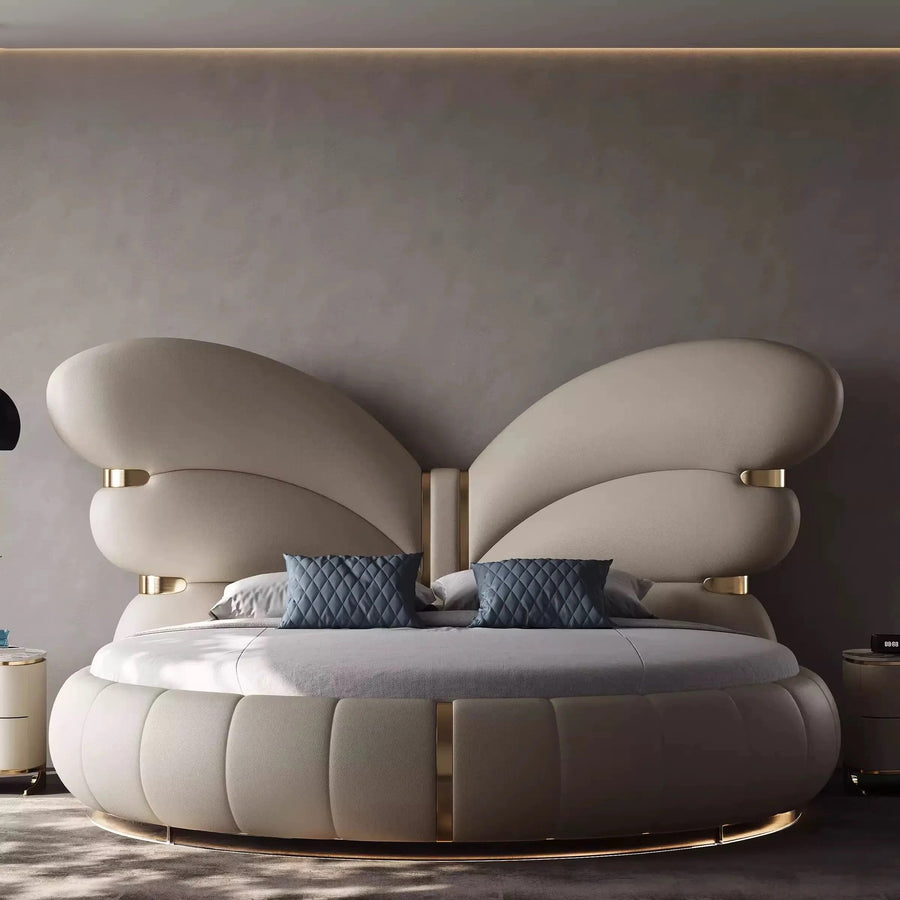 Elegant Butterfly Wing Headboard Leather Round Bed - Image 2