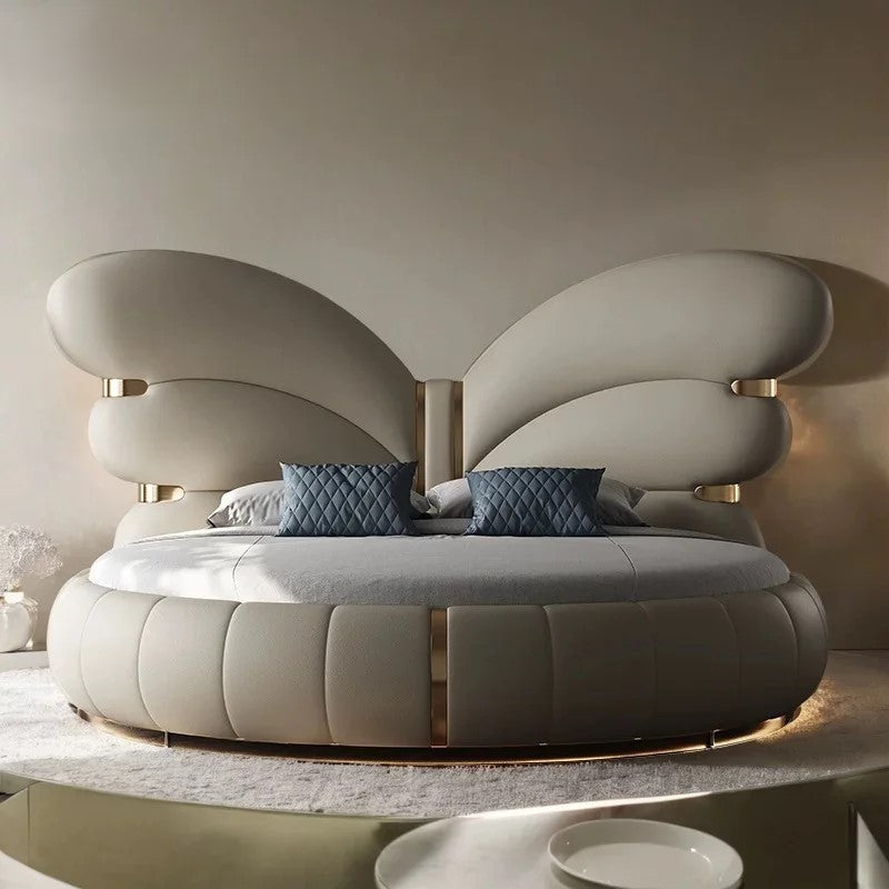 Elegant Butterfly Wing Headboard Leather Round Bed - Image 4