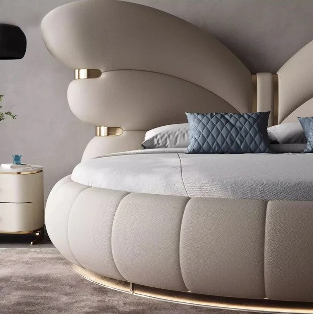 Elegant Butterfly Wing Headboard Leather Round Bed - Image 1