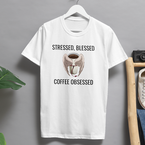 Stressed Blessed & Coffee Obsessed Cotton T-Shirt - Image 0