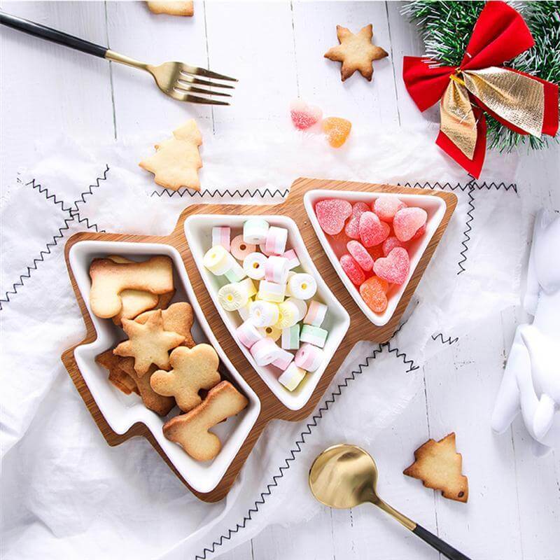 Christmas Tree Ceramic Plates With Bamboo Base Stand - Image 4