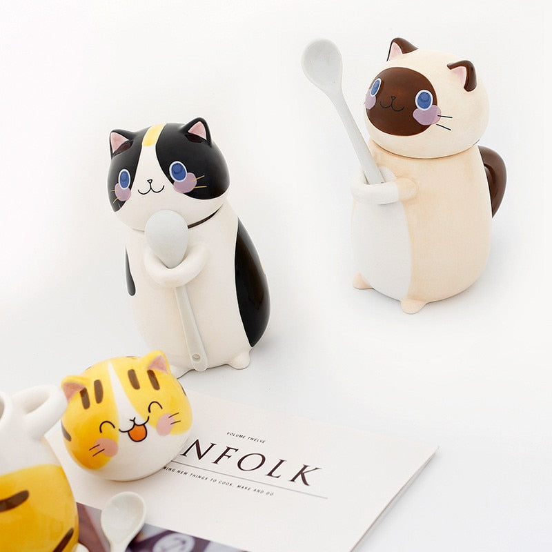 Cute Cat Handmade Coffee Mugs with Spoon - Image 1